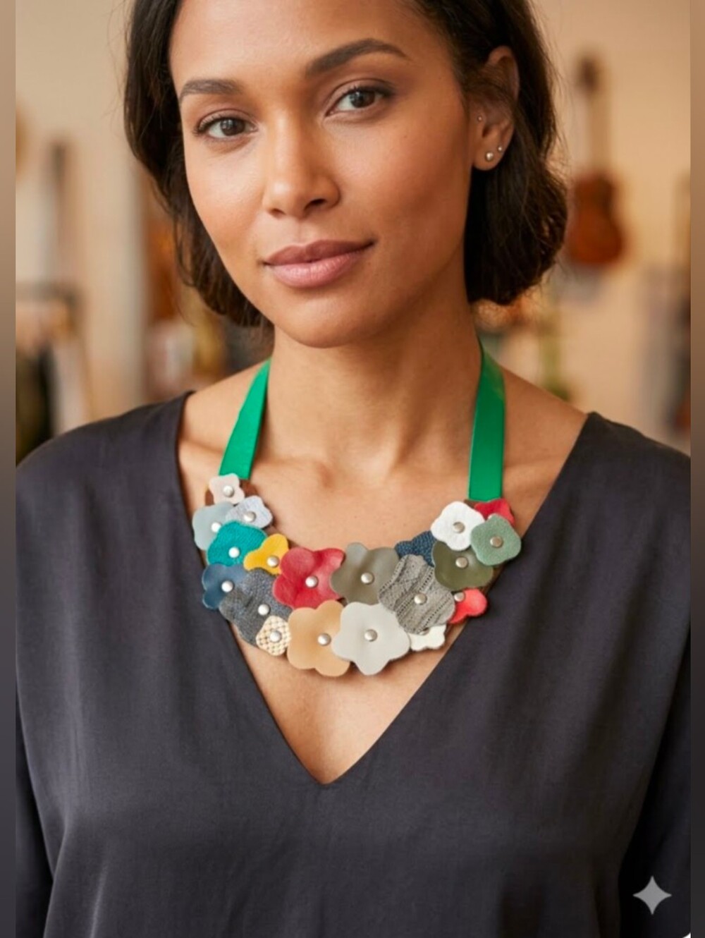 Handmade Genuine Leather Flower Bib Statement Necklace Silver Rivets 064